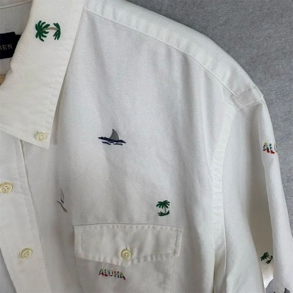 Polo Ralph Lauren Aloha Shirt Men’s XXL White Embroidered Short Sleeve Cotton